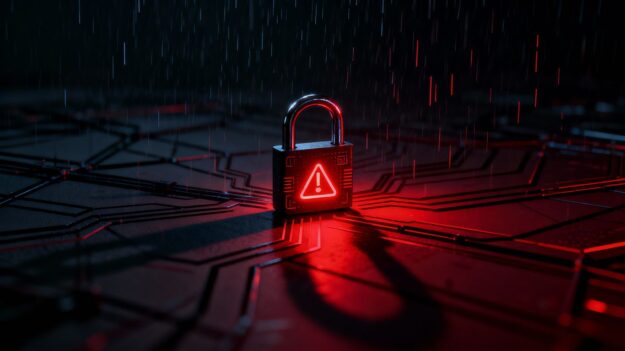 Digital lock with a red warning light, cyber security concept.