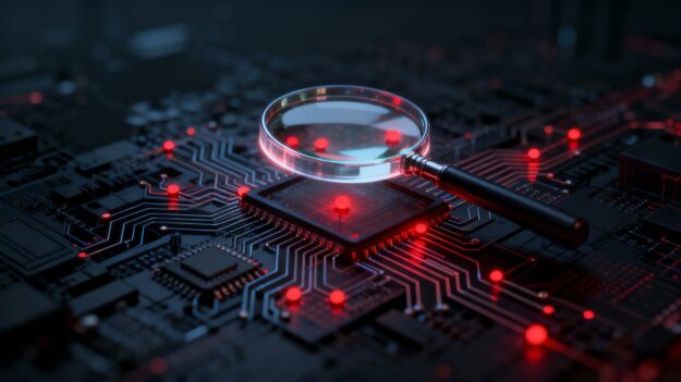 Magnifying glass inspecting digital circuits for vulnerabilities.