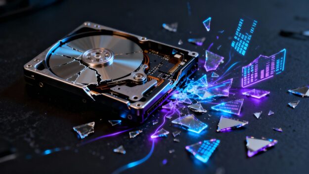 Broken hard drive with scattered digital data fragments.