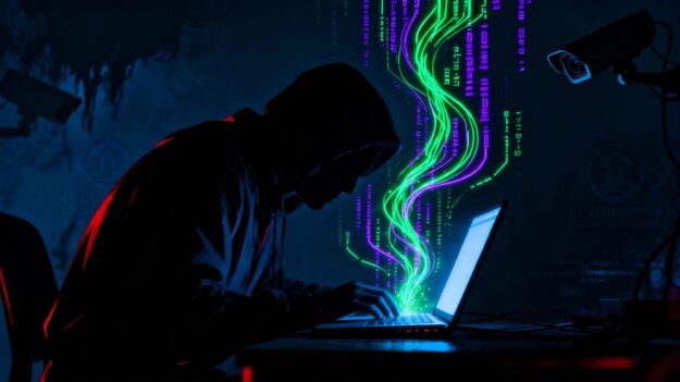 Curious hacker at a glowing laptop in the dark.