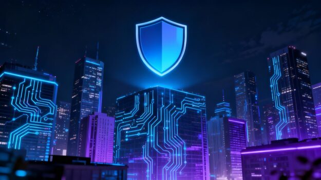 Futuristic cityscape with digital shield, cyber insurance concept.