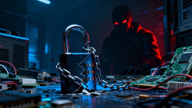 Broken digital lock with scattered computer parts and a shadowy figure.