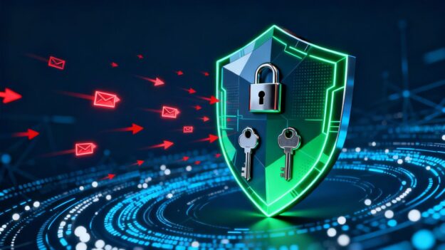 Digital shield protecting business emails from scams.