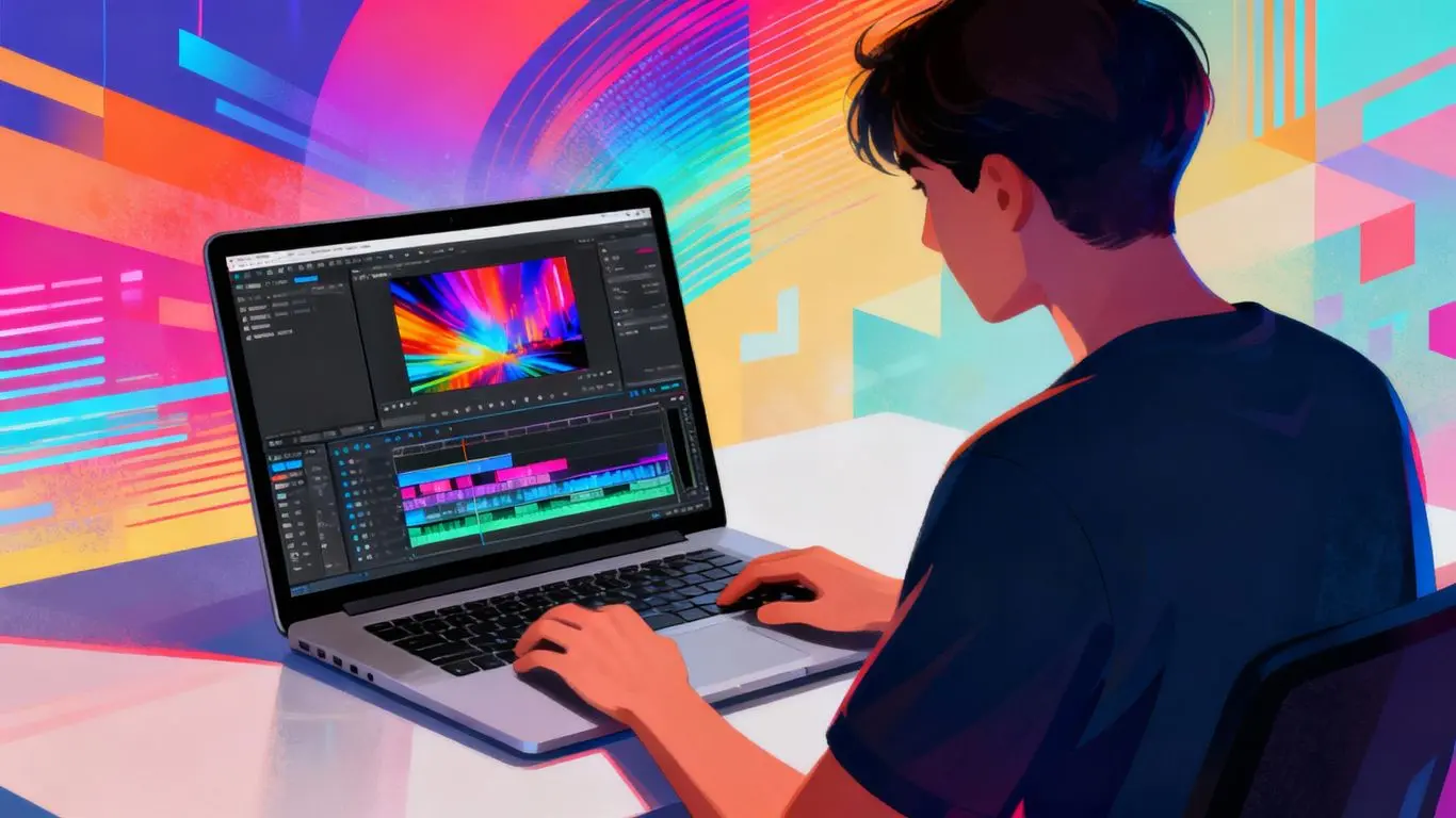 Person editing video on a laptop with digital patterns.