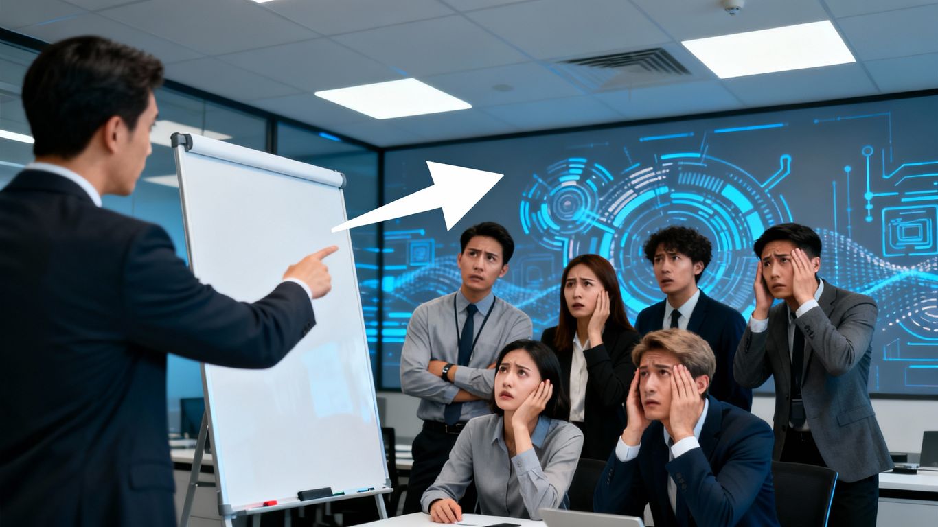 Cybersecurity team looking confused at a whiteboard.