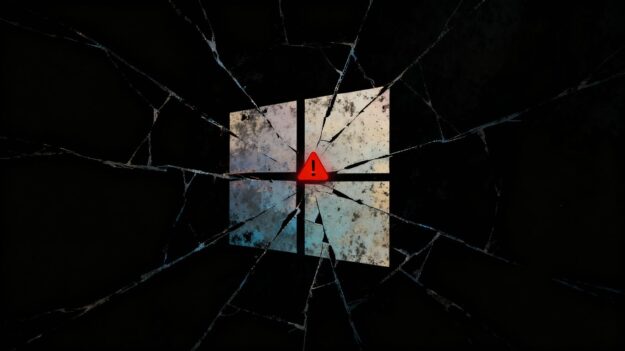 Broken Windows 10 logo with a red alert symbol.