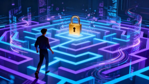 Person easily completing Cyber Essentials with digital security.