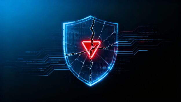 Cracked digital shield with red vulnerability symbol.