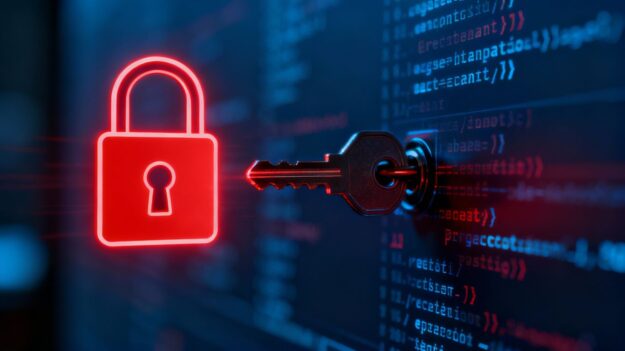 Digital lock and key, representing cybersecurity threat.