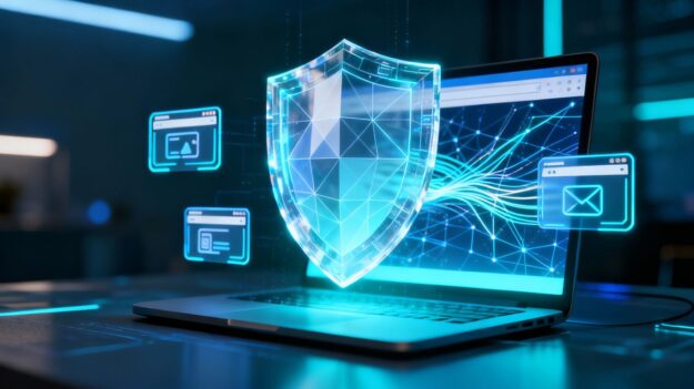 Digital shield protecting computer screen with browser icons.