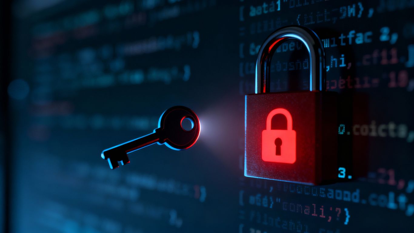 Digital lock and key, representing cybersecurity and ransomware threat.