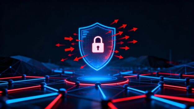 Digital shield protecting network from cyber threats.