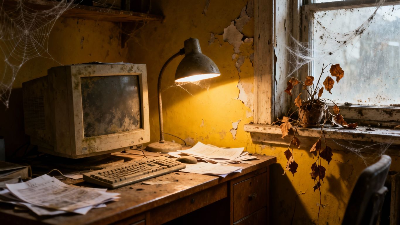 Neglected office with dusty computer and cobwebs.