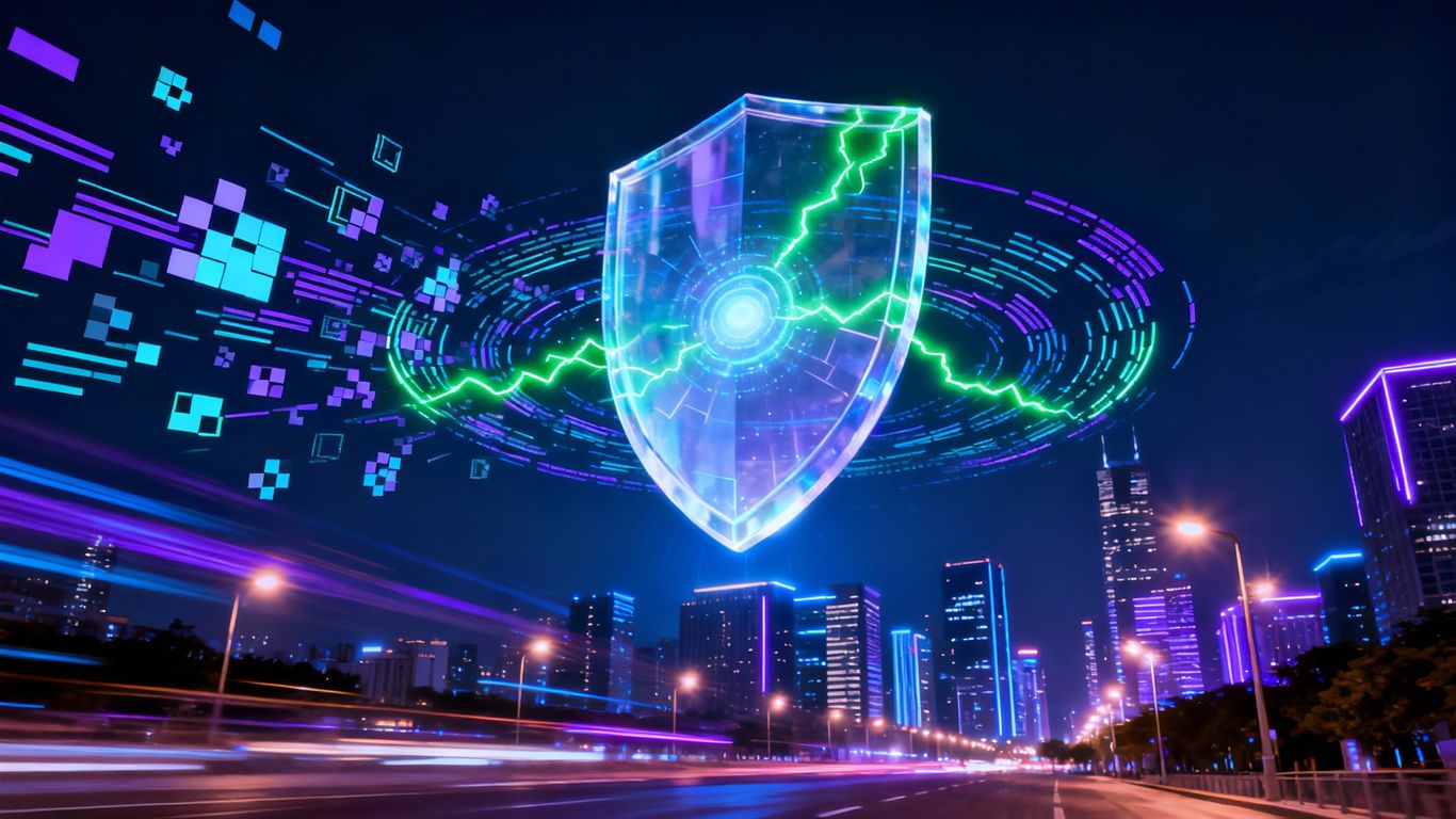 Digital shield protecting a city from cyber threats.