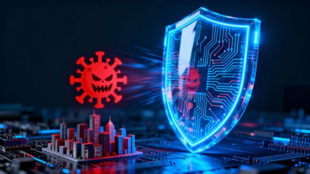 Digital shield protecting city from cyber threats.