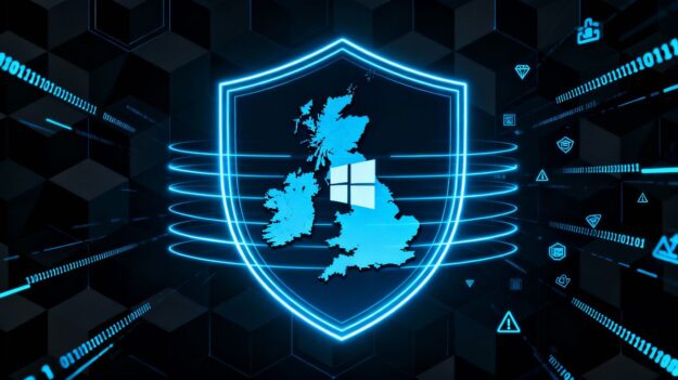 UK map protected by a digital Windows security shield.