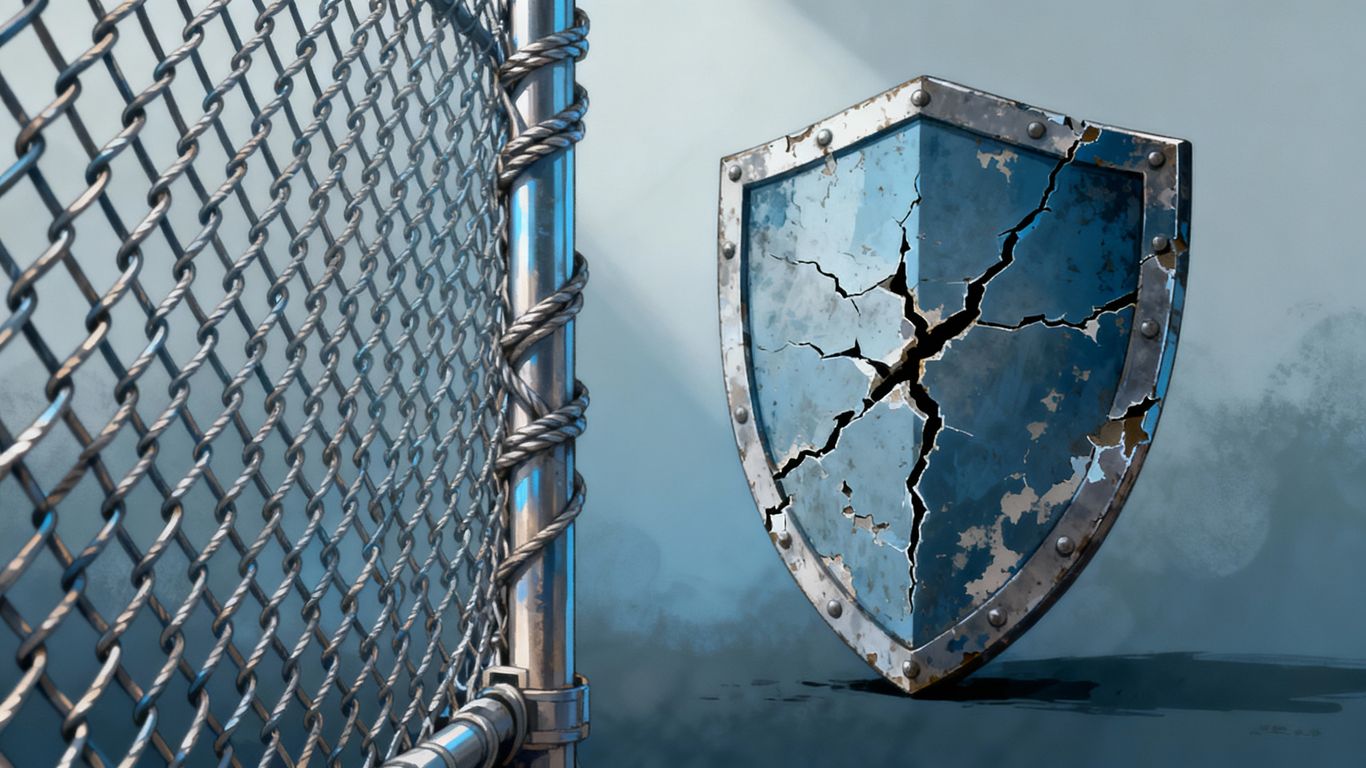 A net and a cracked shield, illustrating cyber insurance.