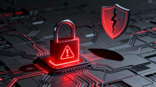 Digital lock with red alert symbol and cracked shield.