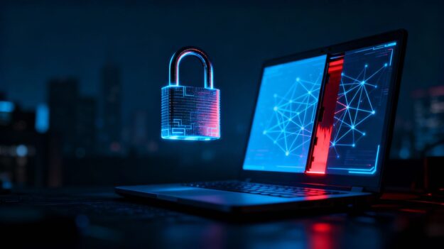 Digital padlock on computer screen, business security alert.