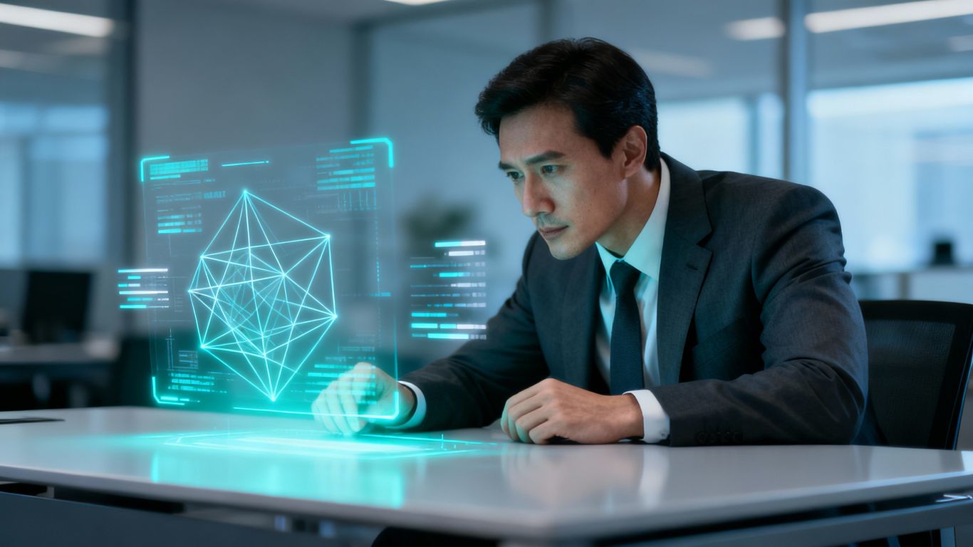 Leader contemplating a digital interface in an office.