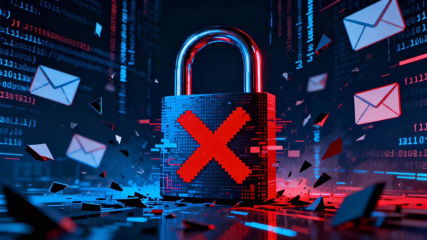 Digital padlock with a red cross, broken email icons.