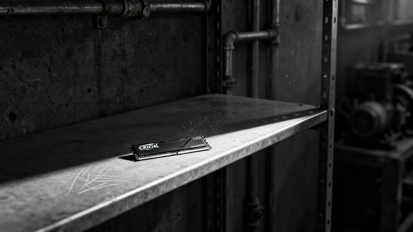 Crucial RAM stick on an empty shelf.