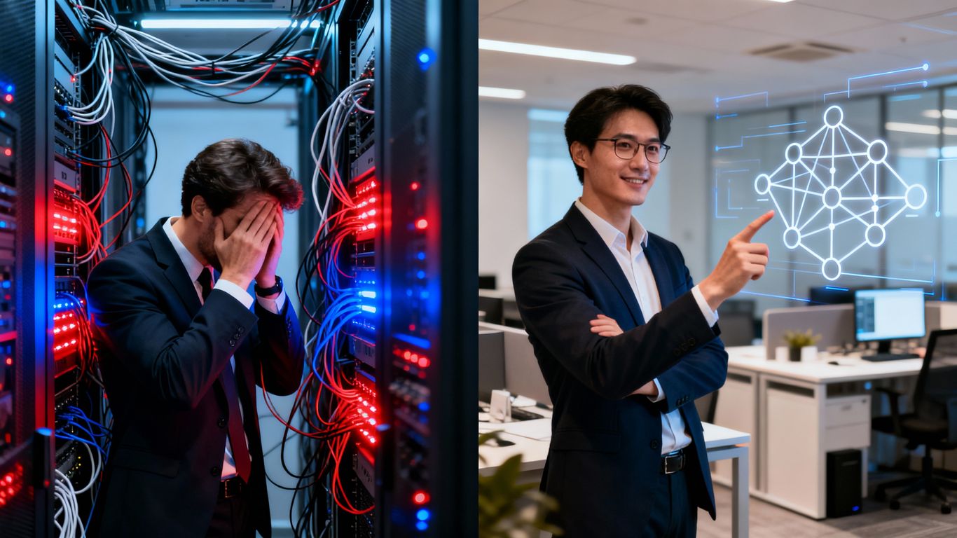 Person choosing between chaotic IT and organised IT management.