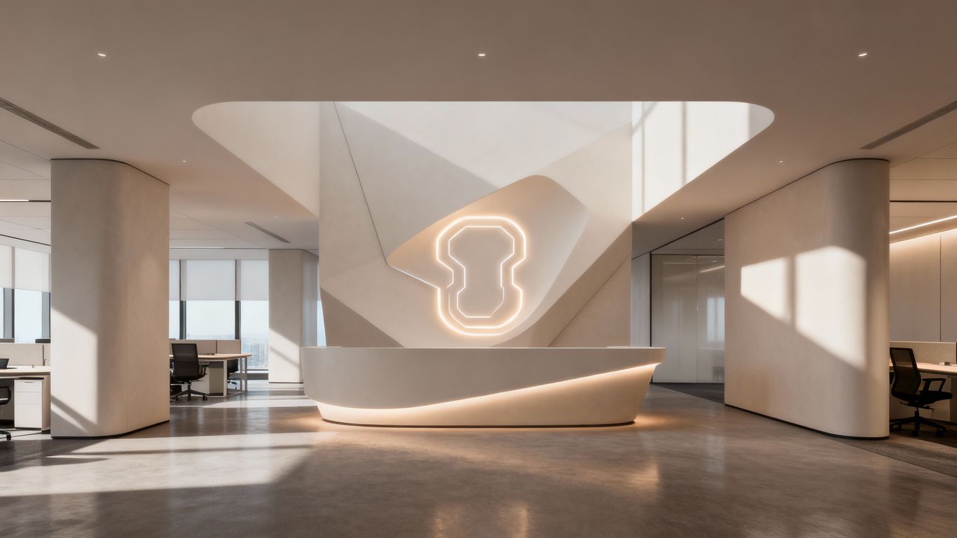 Abstract AI light sculpture in a modern office.