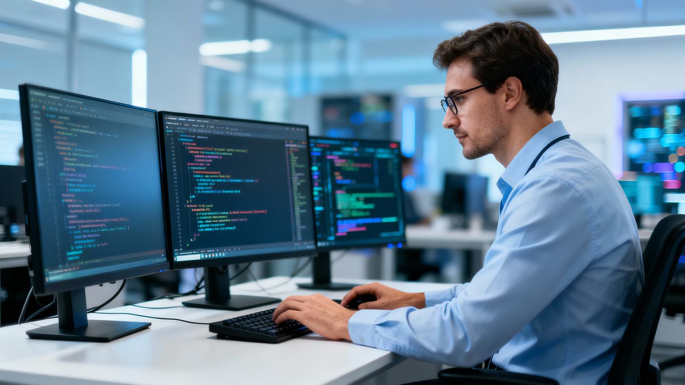 IT manager working at a desk with computer monitors.