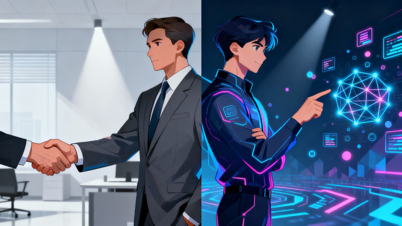 Two IT support figures, one professional, one tech-focused.