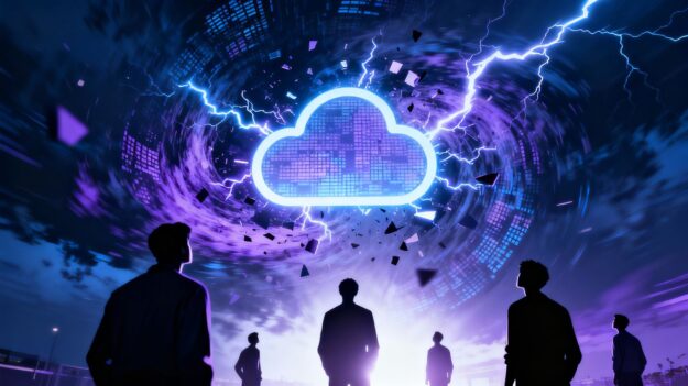 Digital storm hitting a cloud icon.