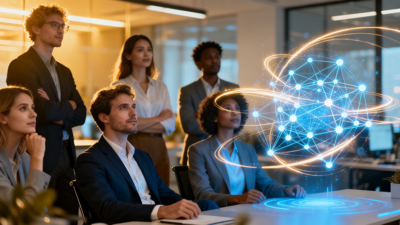 Business leaders observing an abstract AI visualization.