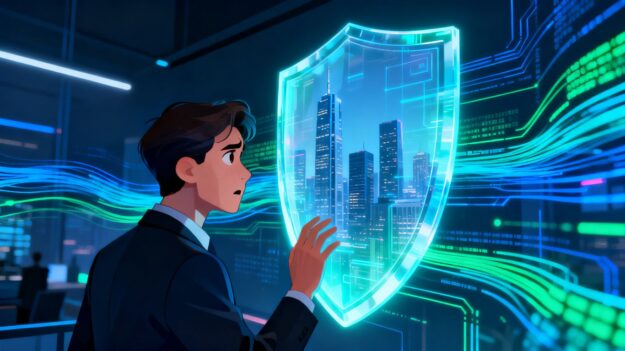 Business leader checking digital shield protecting city.