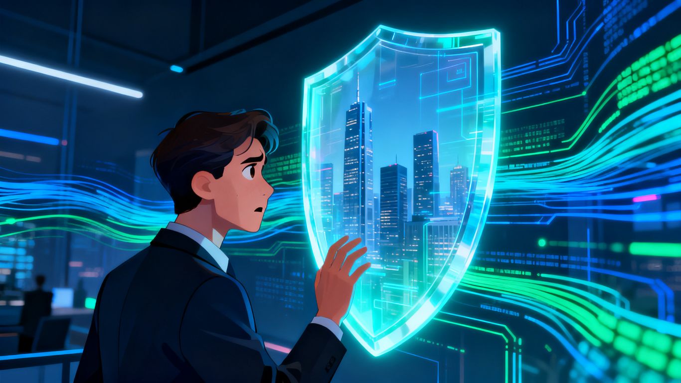 Business leader checking digital shield protecting city.