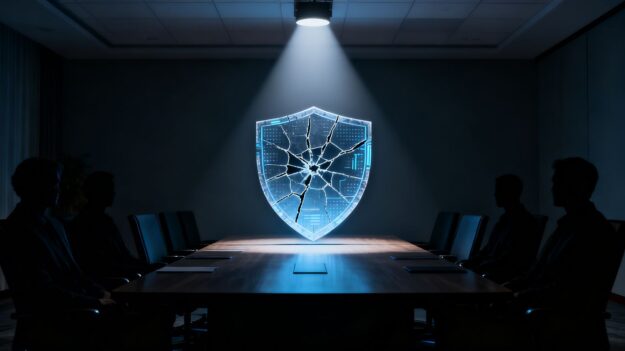 Boardroom with cracked digital shield, hinting at cyber attack vulnerability.