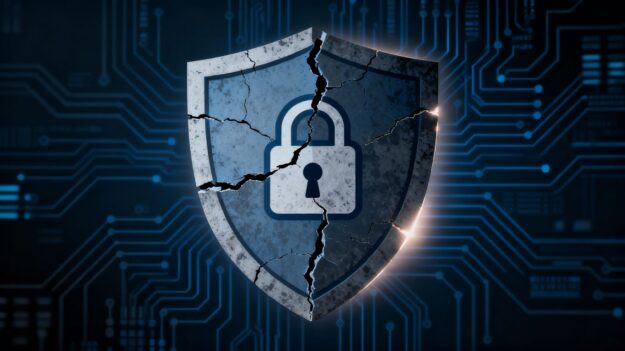 Cracked shield with padlock, digital background.