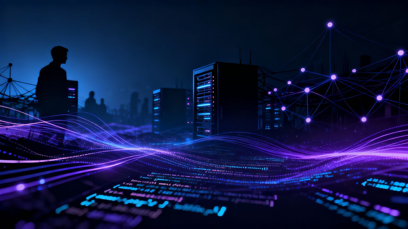 Abstract digital landscape with glowing code and data streams.