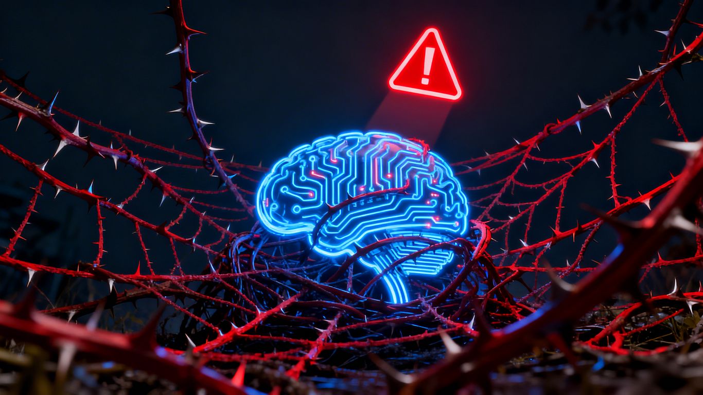 AI code tangled in thorny vines with a red error symbol.