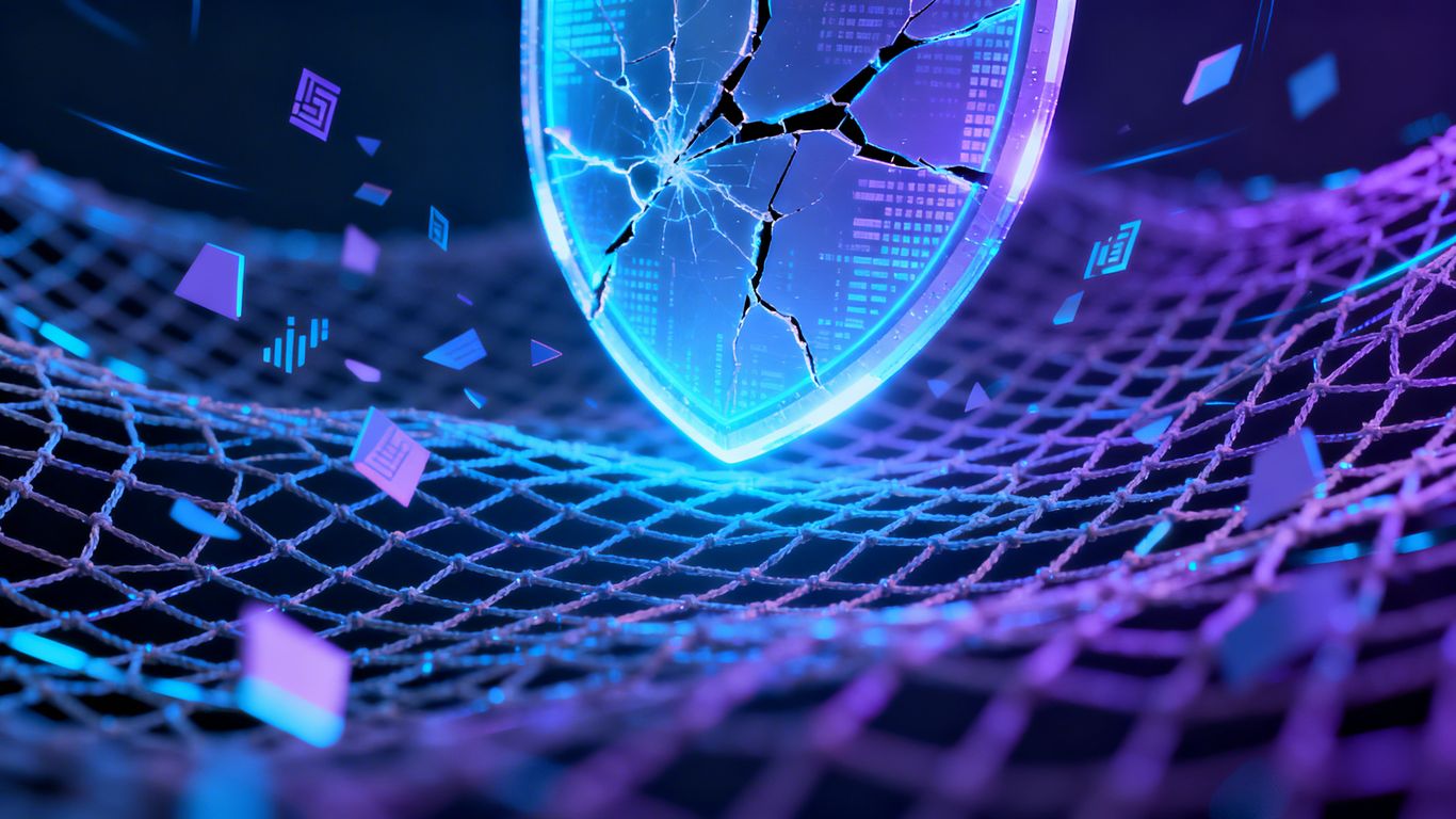Broken digital shield with a safety net below.
