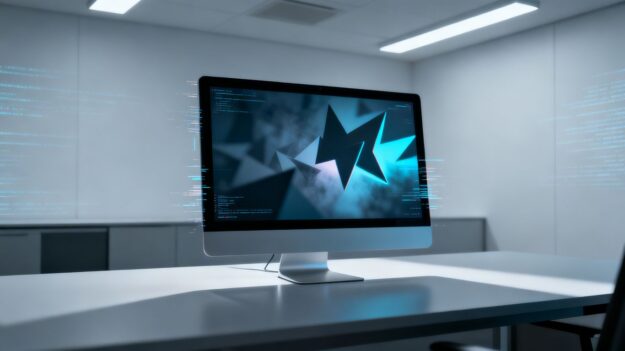 Office computer screen with abstract digital interface.