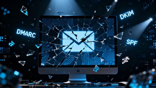 Broken email icon on a cracked computer screen.