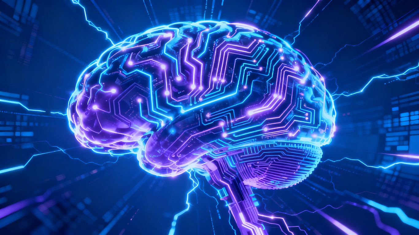 Abstract glowing brain with digital circuitry patterns.
