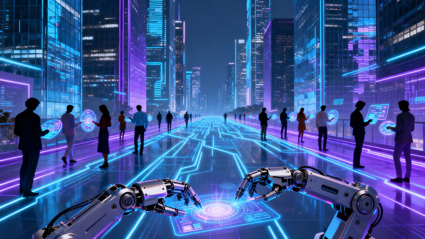 Robots and people working together in a futuristic city.