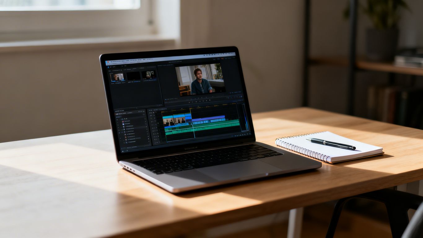 Video editing timeline on a laptop screen.