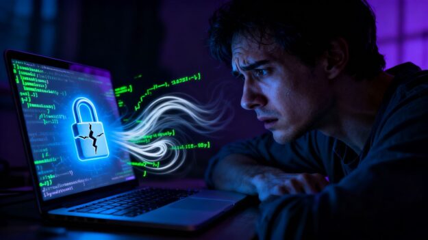 Cracked padlock on a laptop screen.