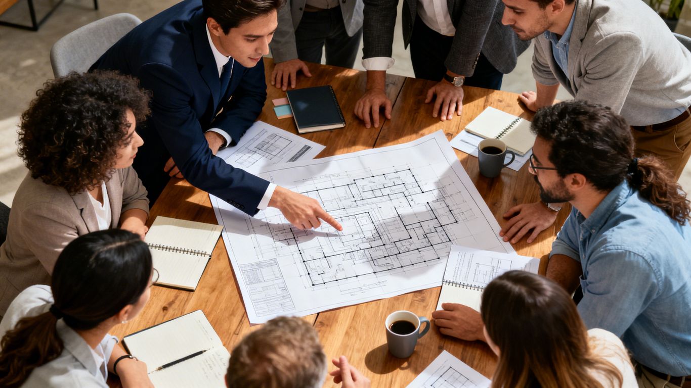 Team collaborating on a project, discussing plans.