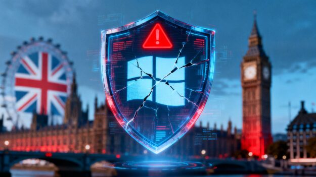 Warning symbol on a cracked Windows logo over UK landmarks.