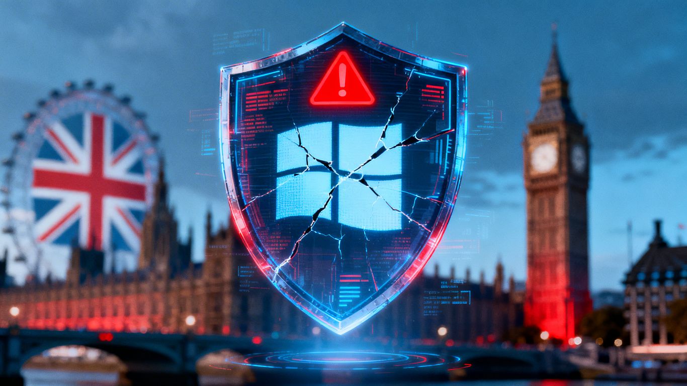 Warning symbol on a cracked Windows logo over UK landmarks.