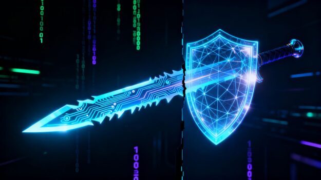 Digital sword splitting, one side menacing, one side protective.