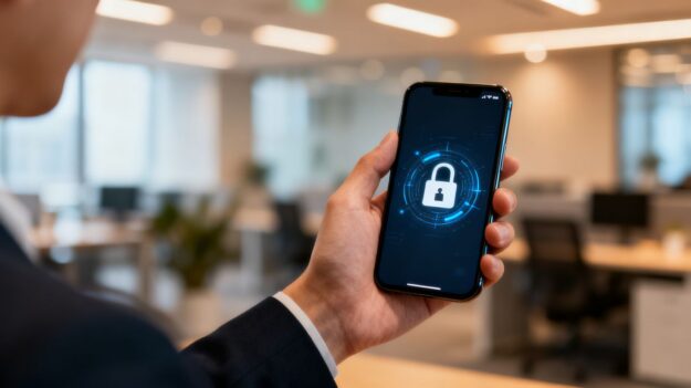 Person using smartphone for multi-factor authentication.